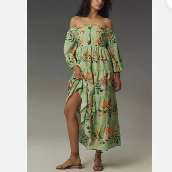 Farm Rio Anthropologie L NWT Off-The-Shoulder Tiered Floral Midi Dress Large - Picture 1 of 7